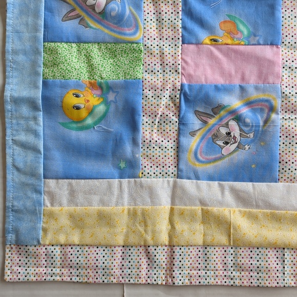 Vintage 90's Reversible Patchwork Looney Tunes Characters Baby Blanket Blue Pink - Picture 5 of 16
